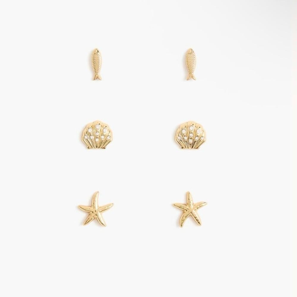 J Crew NWT Gold Tone Set of Three Seashell Earrings Coastal Beach